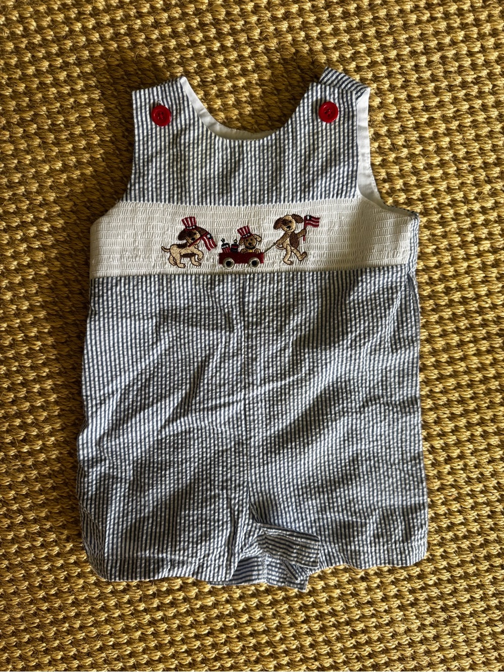Good Lad Blue and White Striped Baby Romper with Red Button Accent